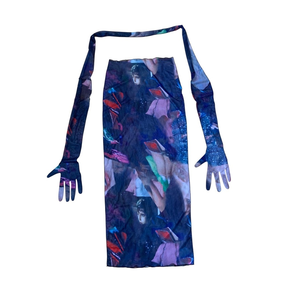 Sheer Surrealist Mesh Dress + Gloves, Vintage Y2K Photo Print 2000s Cyber Grunge